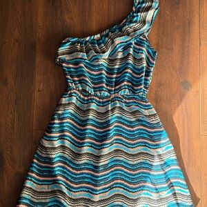 Bar III One-Shoulder Dress with Blue and Black Waves